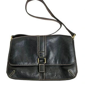 Fossil Handbag Black Leather Shoulder Bag‎ Small Stitch Trim Brass Accent